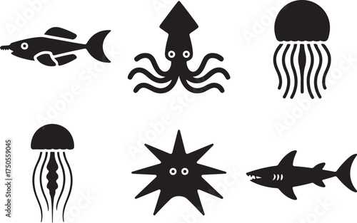Ocean icons simple black silhouettes sea life
