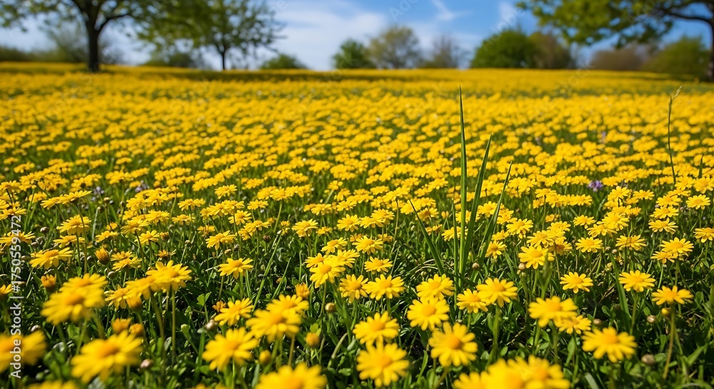 Fototapeta premium Field of Yellow Flowers in Full Bloom on a Sunny Day.