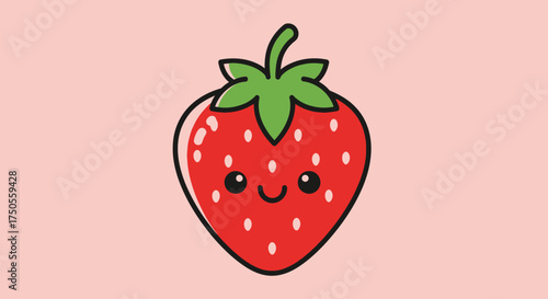 Cute strawberry cartoon illustration on a pink background with a minimalist style, conveying a cheerful mood with bright colors and a simple smiling face.