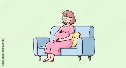 Illustrated pregnant woman sits comfortably on an armchair against a light green background with a happy and serene mood.