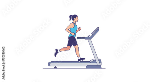 Side view of a female athlete running on a treadmill against a clean white background in a simple, vector illustration style with a light and energetic mood.