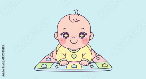 Cartoon baby lying on tummy on a patterned blanket against a light blue background with cute kawaii style and soft, pastel colors.