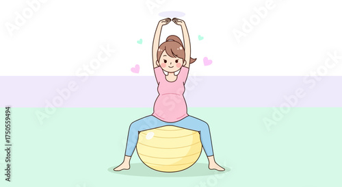 Animated illustration of a pregnant woman exercising on a fitness ball against a clean background, conveying a happy and healthy mood.
