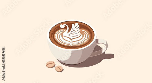 Latte art featuring a swan in a white cup against a beige background with soft lighting, conveying a calm and artistic mood.