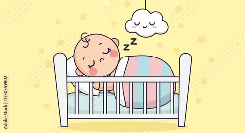 Illustration of a baby sleeping peacefully in a white crib, with pastel colors and a cartoon cloud mobile against a yellow background, creating a serene mood.