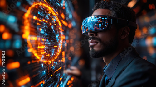 A man wears digital glasses and gazes at a holographic display. Generative AI.