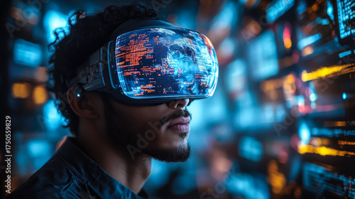 A man wears digital glasses and gazes at a holographic display. Generative AI.