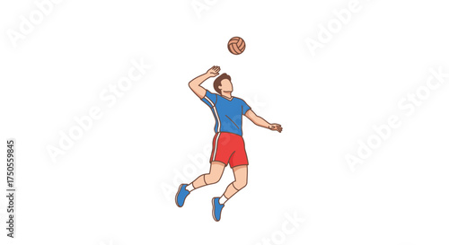 Vector illustration of a male volleyball player spiking the ball with dynamic movement against a clean white background in a minimalist style.