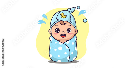 Cartoon illustration of a swaddled baby with a towel on its head against a white background, in a flat lay style with bright and cheerful colors.