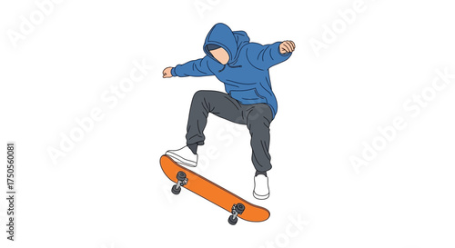 Stylized vector illustration of a hooded skateboarder performing a trick against a clean white background, conveying a sense of youthful energy.