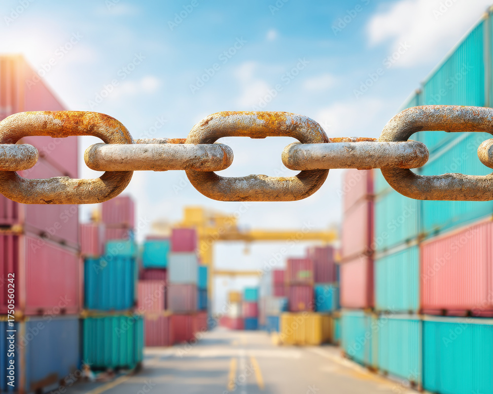Naklejka premium Rusty chain link in focus with colorful shipping container background, symbolizing connection and security in import export logistics at industrial port