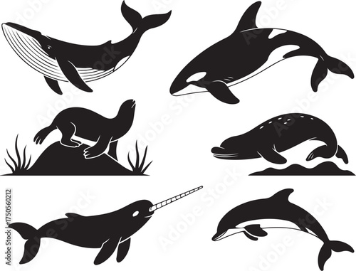 Ocean animals silhouette set vector, whale, dolphin