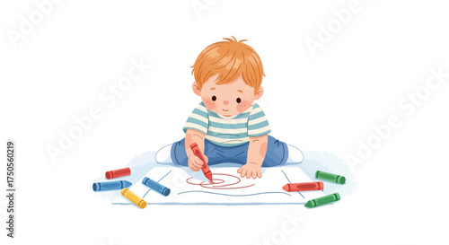 Illustration of a toddler drawing with a red crayon on white paper, surrounded by colorful crayons against a clean white background, in a cute, playful style.