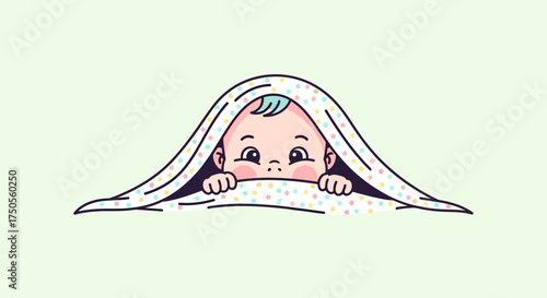 Cute baby playfully peeks out from under a polka-dotted blanket in a simple cartoon illustration against a light green background, evoking innocence and joy.