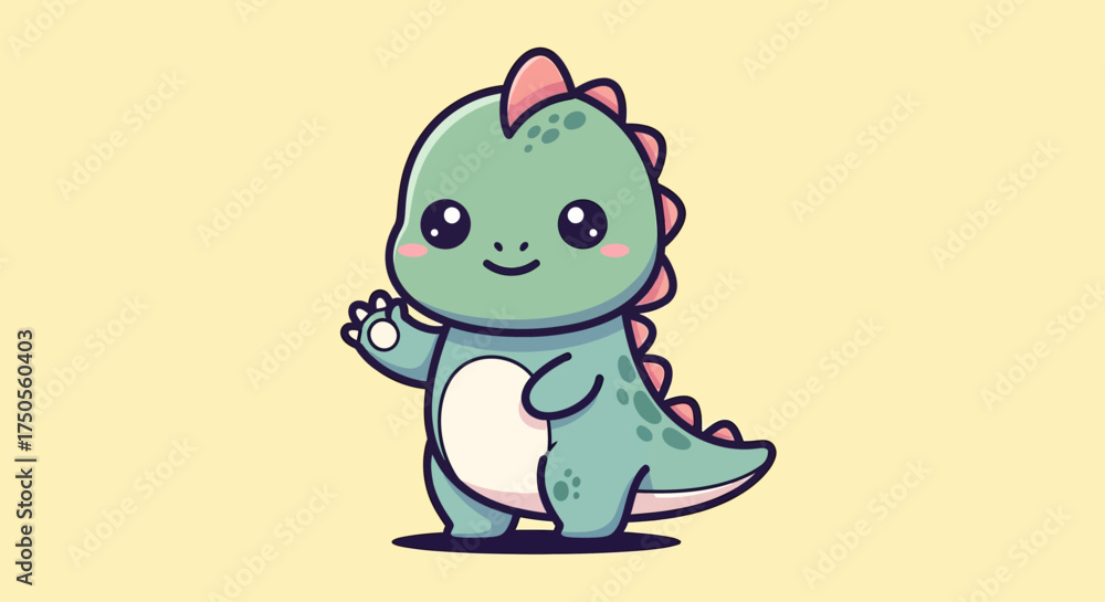 Obraz premium Cute green dinosaur waving in a cartoon illustration with pastel colors against a plain yellow background, conveying a cheerful mood.