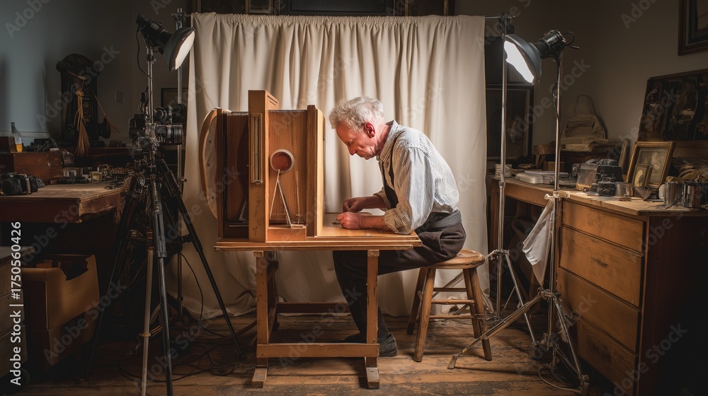 Fototapeta premium colonial-era photographer setting up wooden camera, portrait studio
