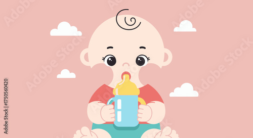 Cartoon illustration of a baby drinking from a bottle against a pastel pink background with playful clouds, creating a cheerful and innocent mood.