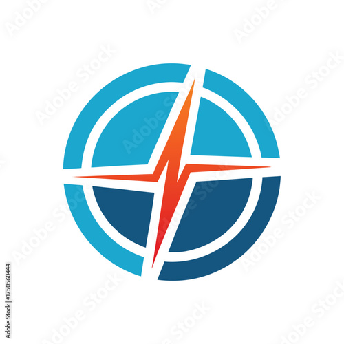 Blue circle with orange lightning bolt symbol on white background compass direction