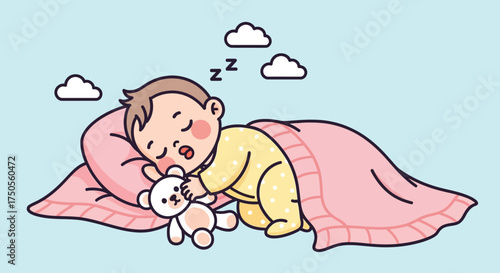 An adorable baby sleeps peacefully, clutching a teddy bear under a pink blanket against a light blue background in a flat lay illustration.