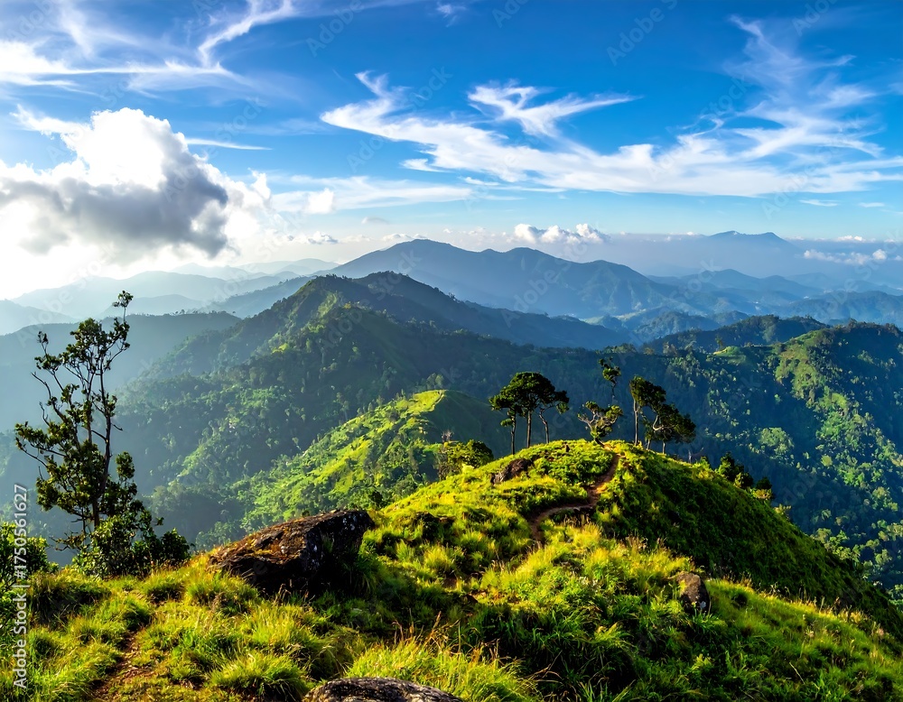 Fototapeta premium Scenic mountain range under a bright, partly cloudy, sky