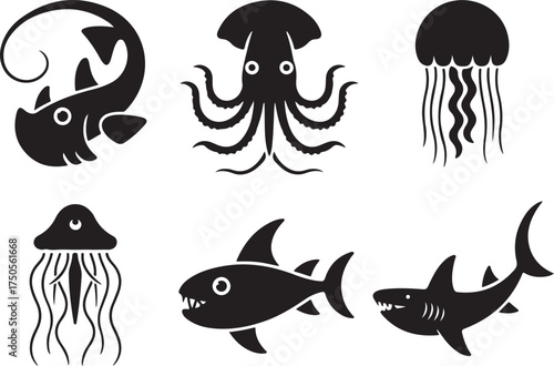 Sea creatures silhouettes for marine life designs