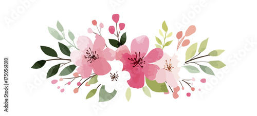 Watercolor floral arrangement with pink flowers and green leaves