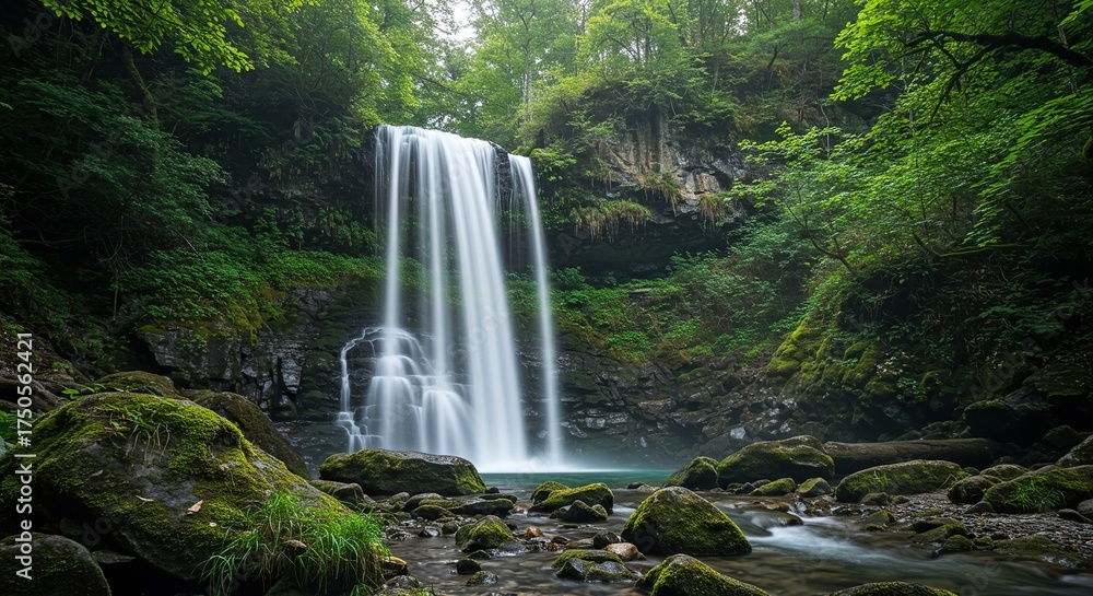 Obraz premium A powerful waterfall cascades over mossy rocks in a lush, green forest, creating a serene and captivating natural scene ,nature ,moss ,powerful