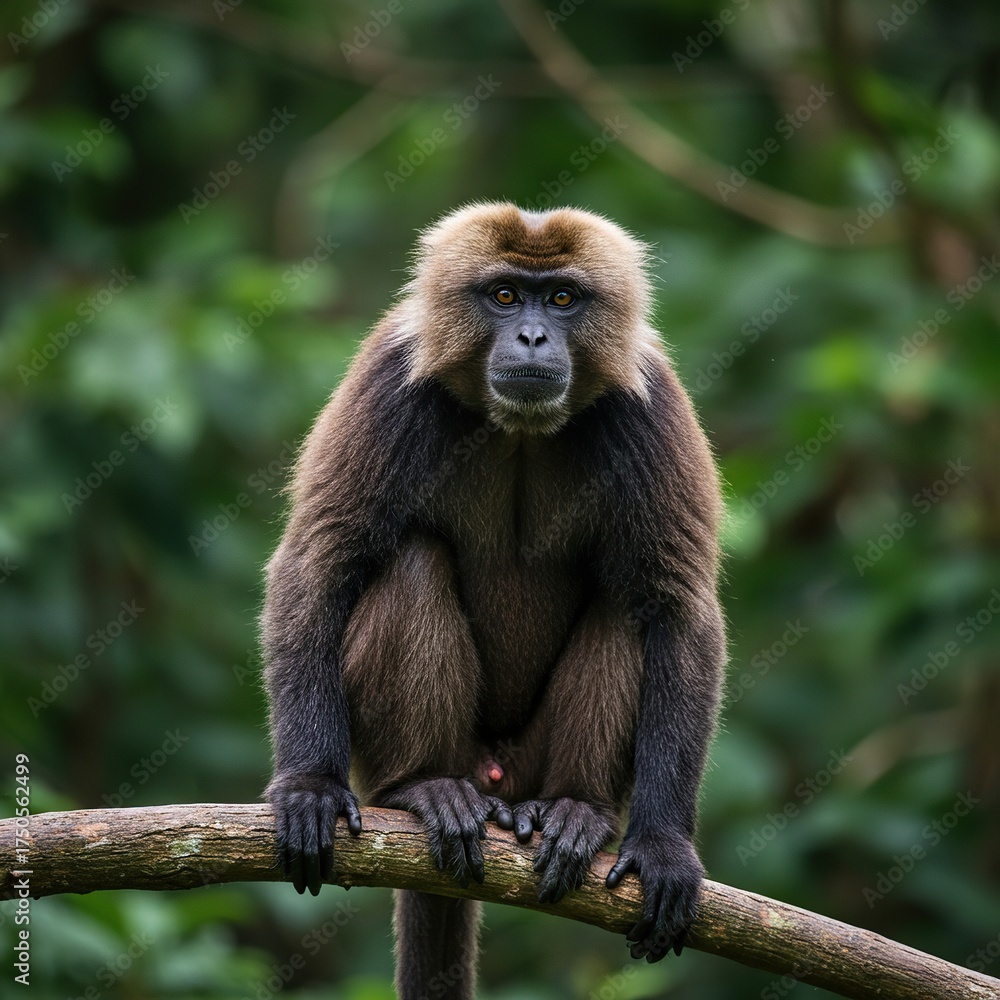 Fototapeta premium A powerful, shaggy primate with an intense gaze, perched on a branch in a dense jungle, embodying raw wilderness and untamed strength ,alpha ,branch ,primate