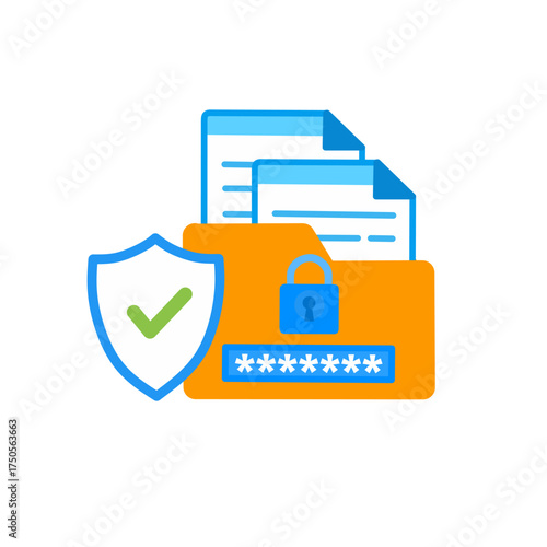 data protection and cybersecurity concept. Folder with password lock and shield check mark representing secure files, privacy, data encryption, and safe information storage.