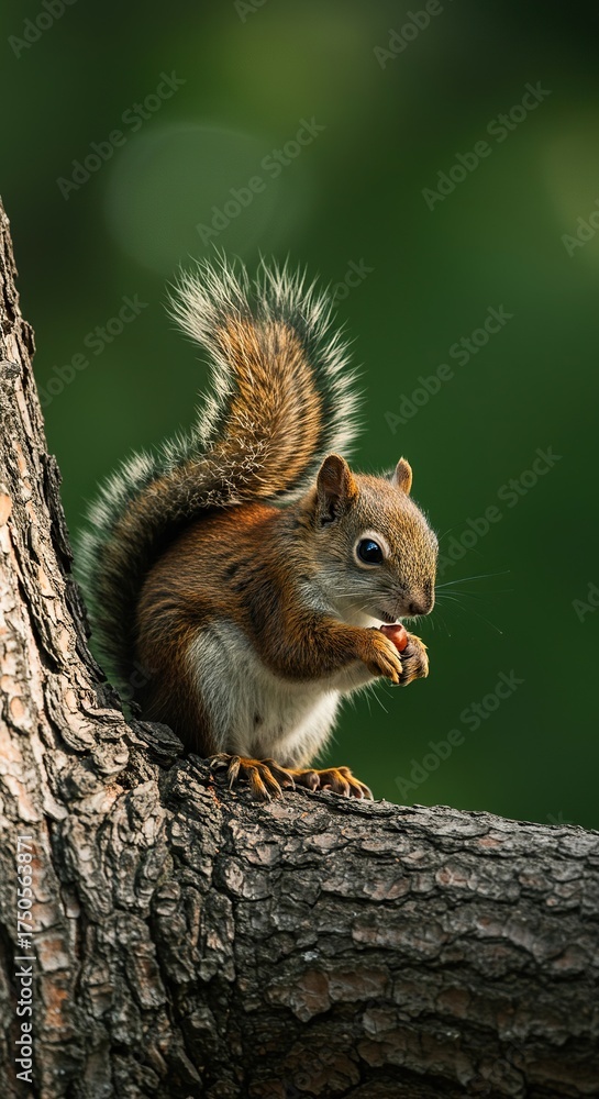 Obraz premium A small, active squirrel foraging for nuts on a tree branch in a sunlit natural environment, showcasing its wild rodent behavior ,fall ,park ,rodent