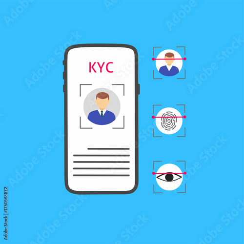 KYC verification process on smartphone. Concept of identity verification, biometric scan, face recognition, fingerprint, and eye scan