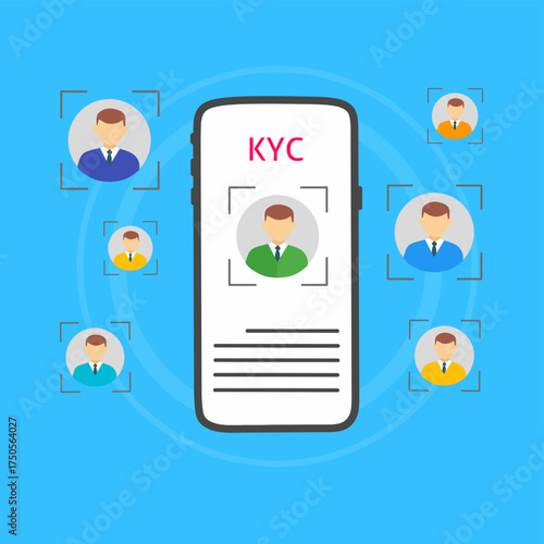 smartphone screen with KYC (Know Your Customer) process and user profile icons.