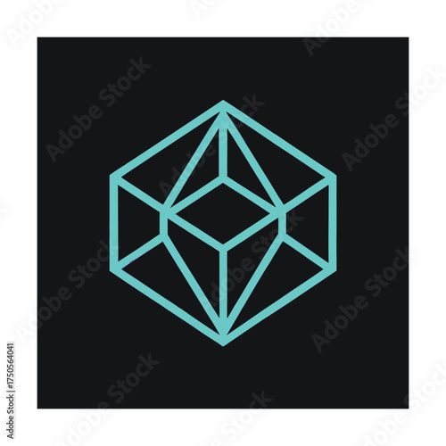 Cyan Geometric Wireframe Cube Shape on Black Background abstract blue