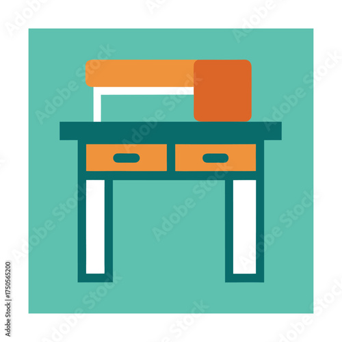 Flat Design Icon of a Teal Desk with Orange Drawers on Teal Background table furniture