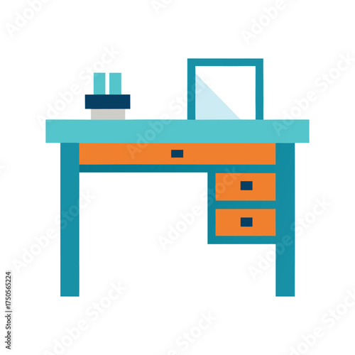 Flat Design Illustration of a Teal Desk with Orange Drawers and Mirror table furniture