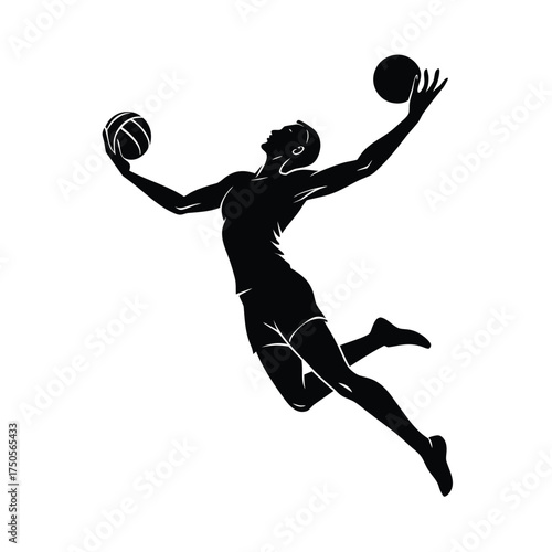 Male Basketball Player Silhouette Jumping with Two Balls