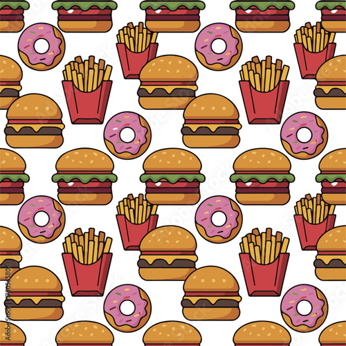 Seamless Fast Food Pattern — Flat Vector Illustration of Burgers, Donuts, and Fries