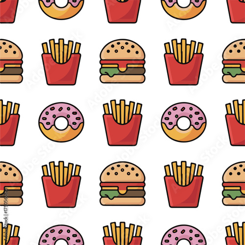 Seamless Fast Food Pattern — Flat Vector Illustration of Burgers, Donuts, and Fries