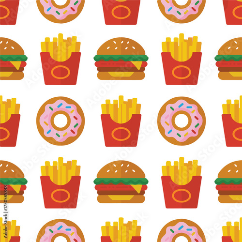 Seamless Fast Food Pattern — Flat Vector Illustration of Burgers, Donuts, and Fries
