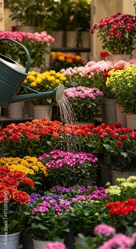 A watering can gently nourishes vibrant potted plants and fresh cut flowers arranged beautifully within a sunlit, bustling flower shop ,horticulture ,vibrant ,botanical
