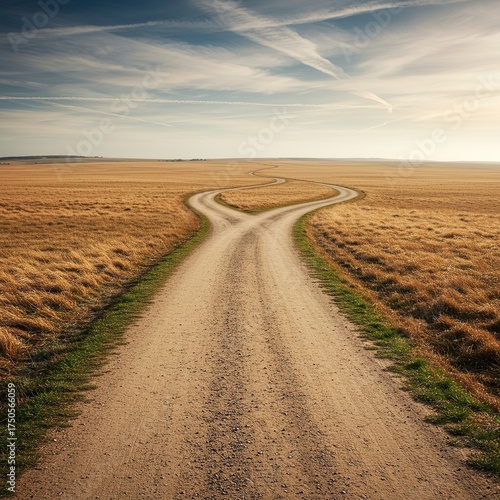 A winding, unpaved road branches into several distinct paths, leading toward an unknown horizon, symbolizing choice and future possibilities ,decision ,convergence ,turning point