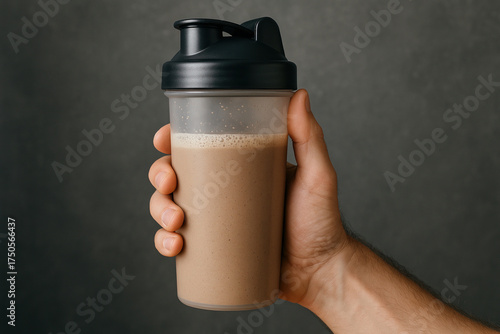 Hand holding protein shake in shaker bottle against gray background