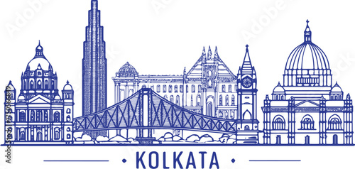 Kolkata cityscape illustration with Victoria Memorial, Howrah Bridge, Marble Palace, Eden Gardens, cultural heritage monuments, ultra-detailed sketch for travel, tourism marketing, and city promotion