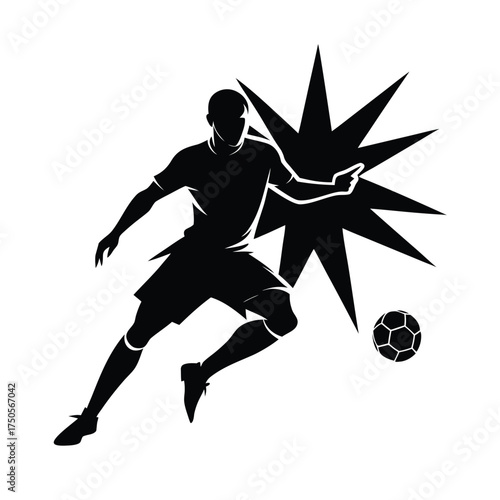 Silhouette of a soccer player dribbling with an explosion graphic