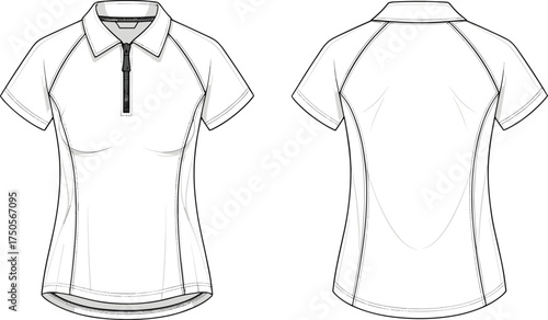 Women's polo shirt technical fashion sketch, cad drawing flat vector illustration, front back view, raglan sleeve, zipper placket, apparel design