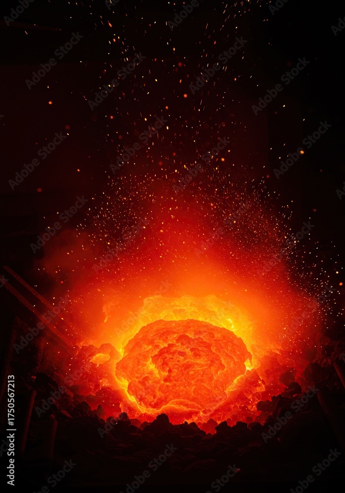 Fototapeta premium Close-up of molten metal, glowing intensely red-orange with heat, emitting shimmering heat waves and subtle sparks ,radiant ,industrial process ,heated
