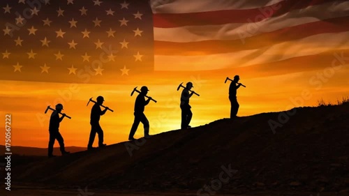 Silhouettes of workers carrying pickaxes walk up a hill against a sunset backdrop, with the american flag overlaid in the sky to represent labor day and us industry