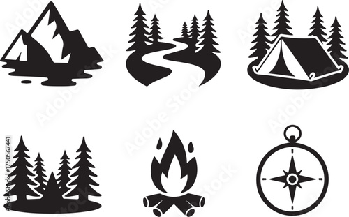 Camping adventure icons for outdoor enthusiasts trips