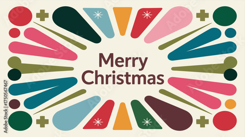 Retro mid century modern merry christmas greeting card with colorful abstract shapes