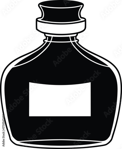  black ink bottle with gold label open on white ba.eps